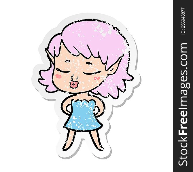 Distressed Sticker Of A Pretty Cartoon Elf Girl
