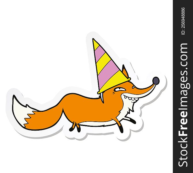 sticker of a cartoon sly fox in party hat