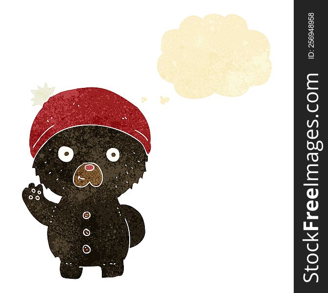 cartoon waving black teddy bear in winter hat with thought bubble