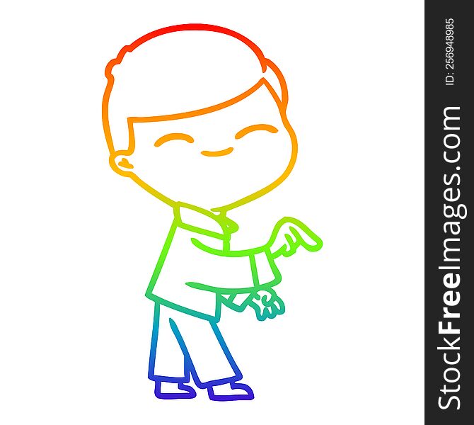rainbow gradient line drawing of a cartoon smiling boy pointing