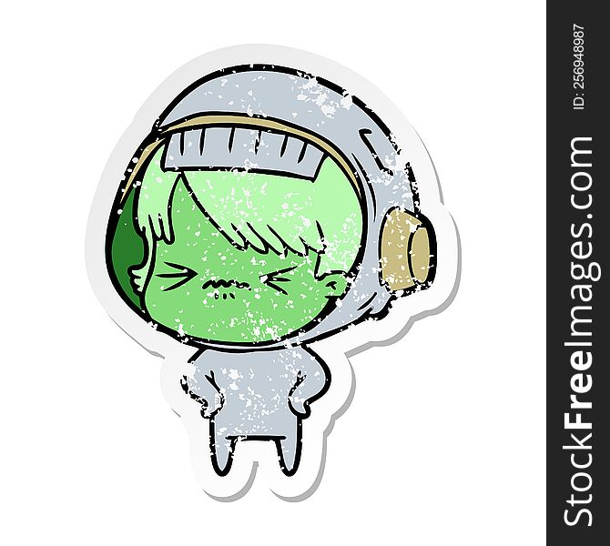 distressed sticker of a angry cartoon space girl with hands on hips