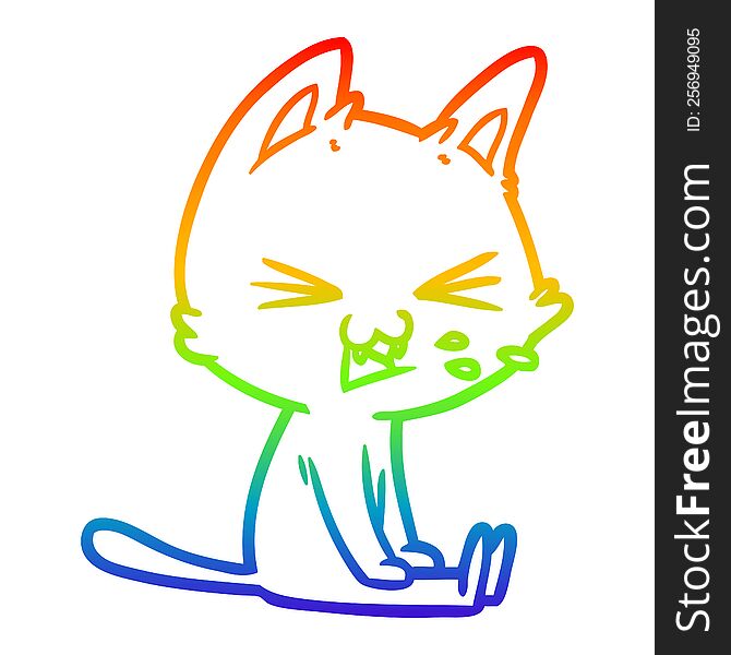 rainbow gradient line drawing of a cartoon sitting cat hissing