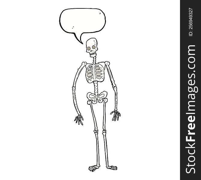 cartoon spooky skeleton with speech bubble