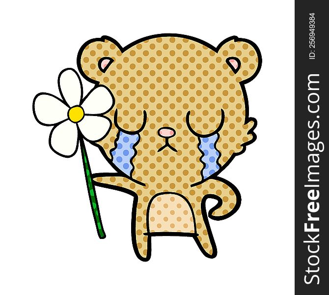 crying cartoon bear with flower. crying cartoon bear with flower