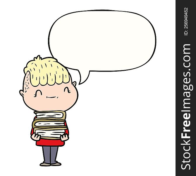 Cartoon Friendly Boy And Books And Speech Bubble