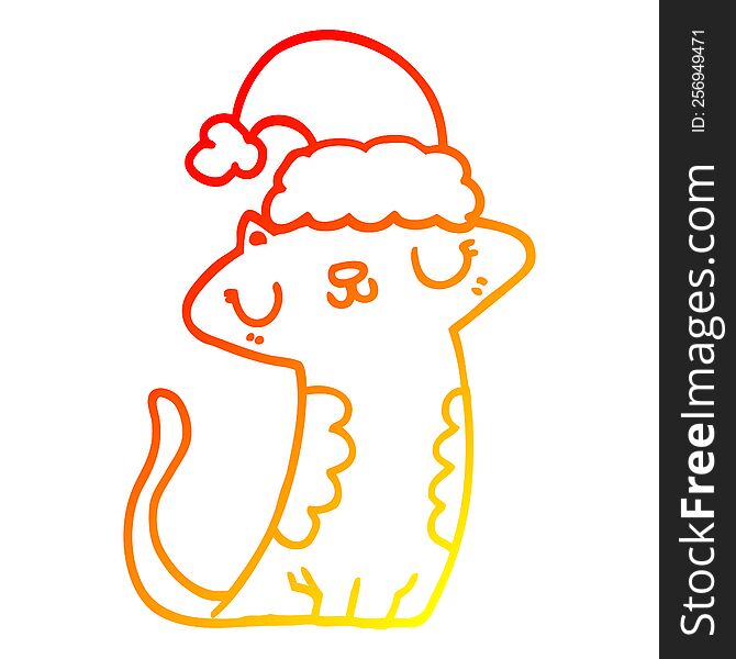 warm gradient line drawing of a cute cartoon cat wearing christmas hat