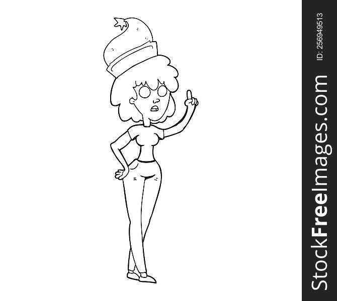 Black And White Cartoon Woman Wearing Santa Hat