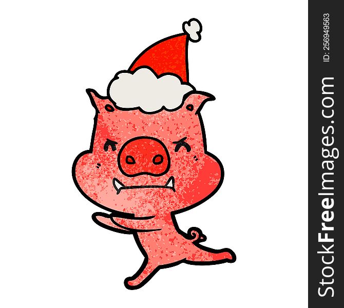 Angry Textured Cartoon Of A Pig Wearing Santa Hat