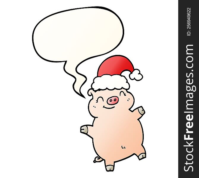 Cartoon Happy Christmas Pig And Speech Bubble In Smooth Gradient Style