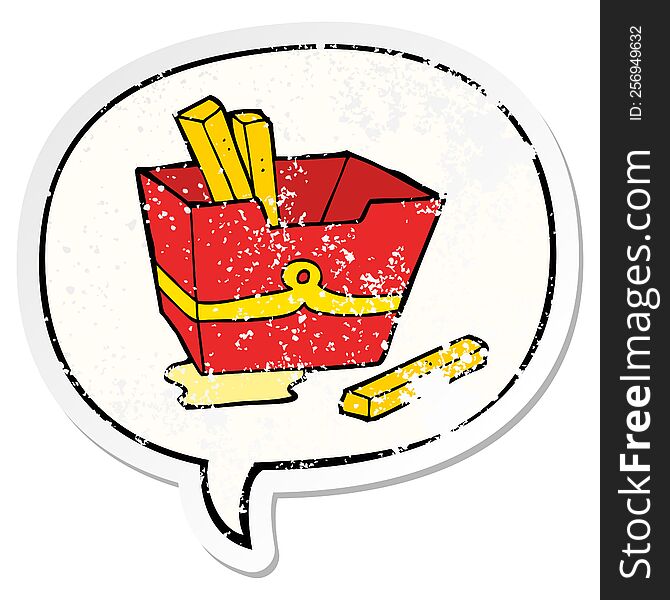 Cartoon Box Of Fries And Speech Bubble Distressed Sticker