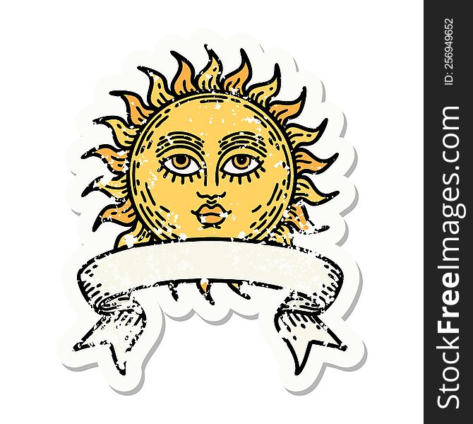 worn old sticker with banner of a sun with face. worn old sticker with banner of a sun with face