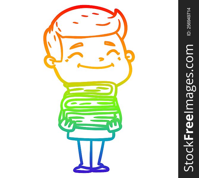 Rainbow Gradient Line Drawing Happy Cartoon Man With Stack Of Books