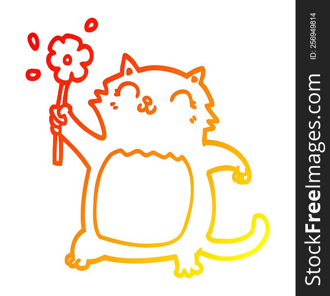 warm gradient line drawing of a cartoon cat with flower