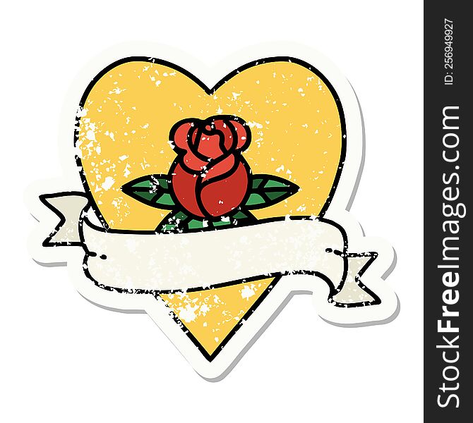 distressed sticker tattoo in traditional style of a heart rose and banner. distressed sticker tattoo in traditional style of a heart rose and banner