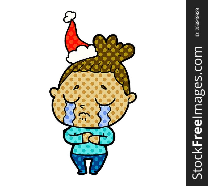 hand drawn comic book style illustration of a crying woman wearing santa hat