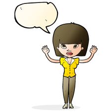 Cartoon Woman With Raised Hands With Speech Bubble Stock Image
