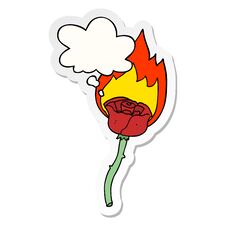 Cartoon Flaming Rose And Thought Bubble As A Printed Sticker Stock Photography