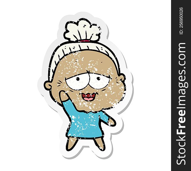 distressed sticker of a cartoon happy old lady