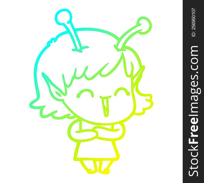 Cold Gradient Line Drawing Cartoon Happy Alien Girl