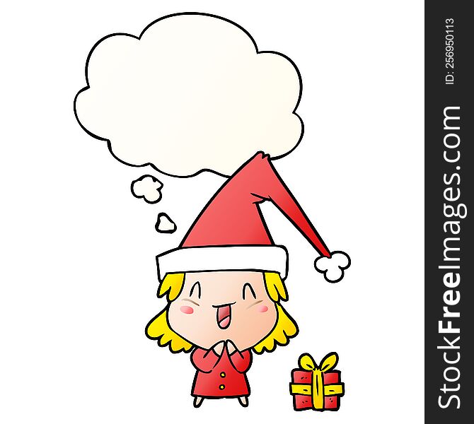 cartoon girl wearing christmas hat with thought bubble in smooth gradient style