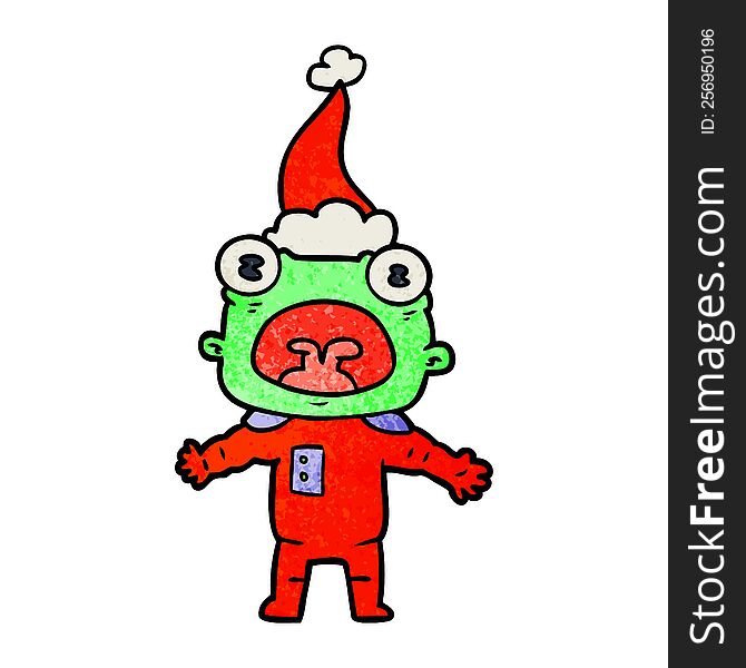 hand drawn textured cartoon of a weird alien communicating wearing santa hat