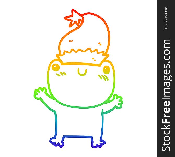 rainbow gradient line drawing of a cute cartoon frog wearing christmas hat