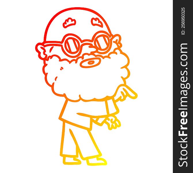warm gradient line drawing of a cartoon curious man with beard and glasses