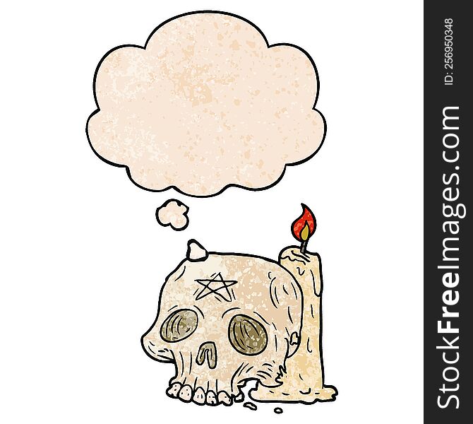 Cartoon Spooky Skull And Candle And Thought Bubble In Grunge Texture Pattern Style