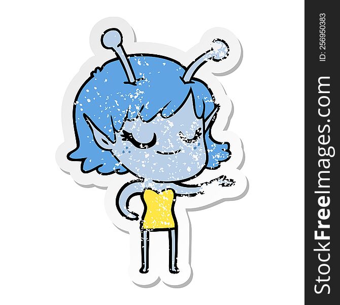 distressed sticker of a smiling alien girl cartoon