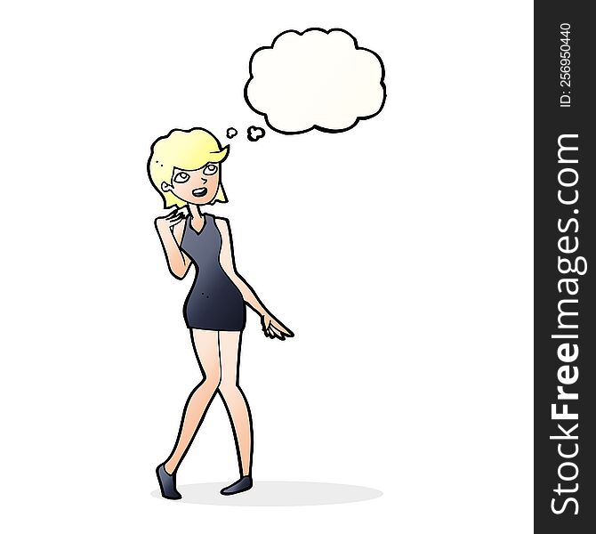 cartoon woman in cocktail dress with thought bubble