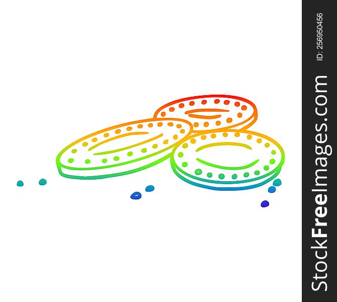 rainbow gradient line drawing of a cartoon gold coins