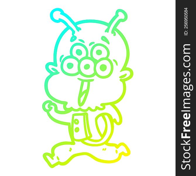 cold gradient line drawing of a happy cartoon alien running