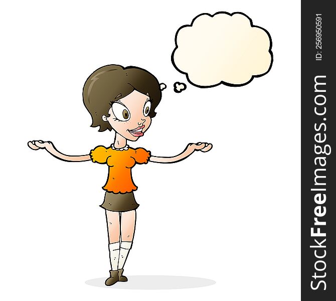 Cartoon Woman With Arms Spread Wide With Thought Bubble