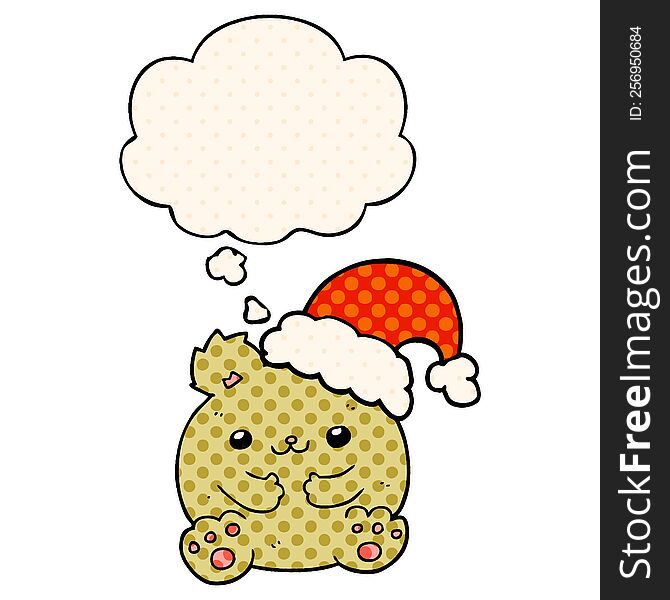 cute cartoon christmas bear with thought bubble in comic book style