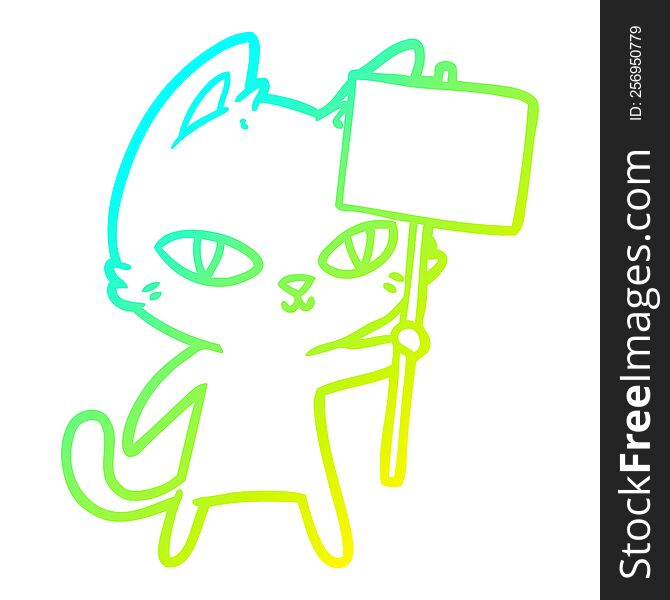 Cold Gradient Line Drawing Cartoon Cat Waving Sign