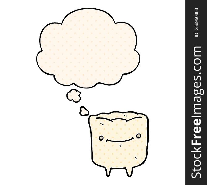 cartoon happy tooth with thought bubble in comic book style