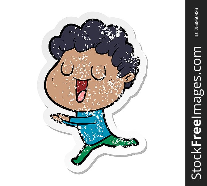 Distressed Sticker Of A Laughing Cartoon Man Running