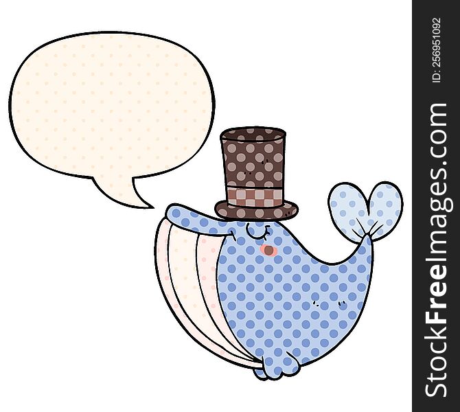 cartoon whale with top hat with speech bubble in comic book style. cartoon whale with top hat with speech bubble in comic book style
