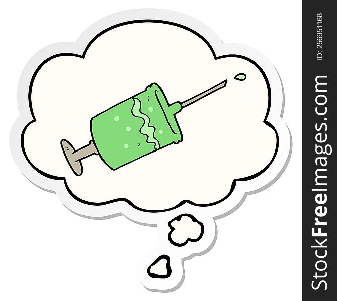 cartoon syringe needle with thought bubble as a printed sticker
