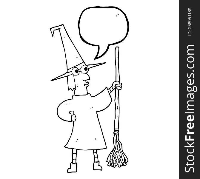 freehand drawn speech bubble cartoon witch with broom