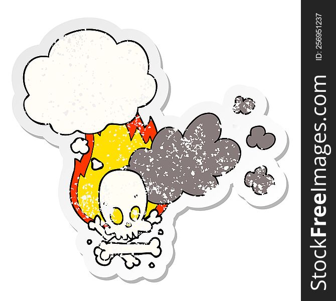 cartoon spooky burning bones with thought bubble as a distressed worn sticker
