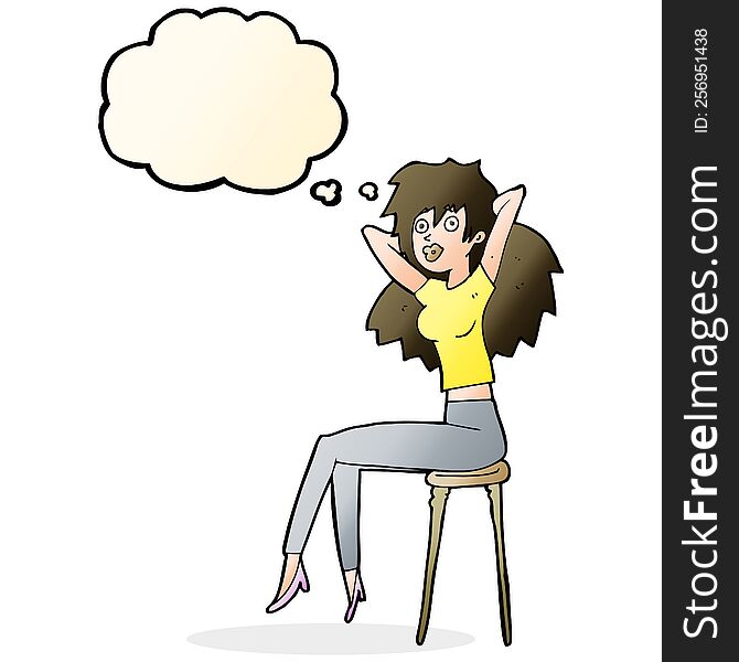 cartoon woman posing on stool with thought bubble