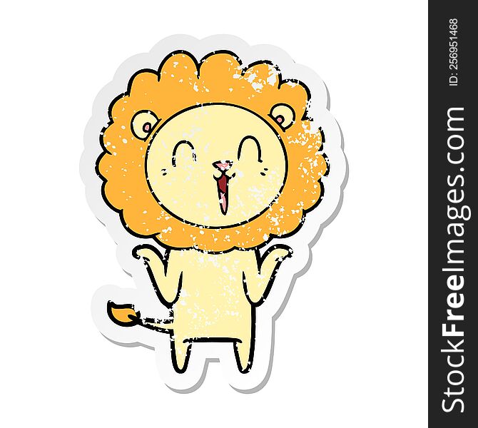 Distressed Sticker Of A Laughing Lion Cartoon Shrugging Shoulders