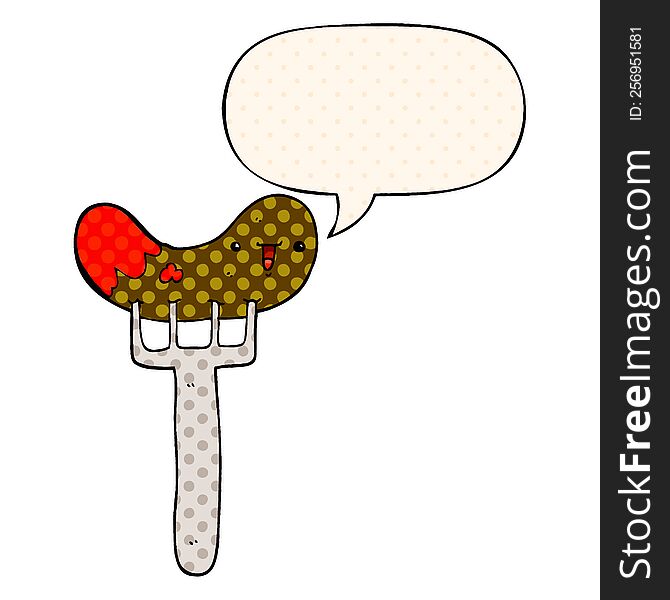 cartoon sausage and fork with speech bubble in comic book style