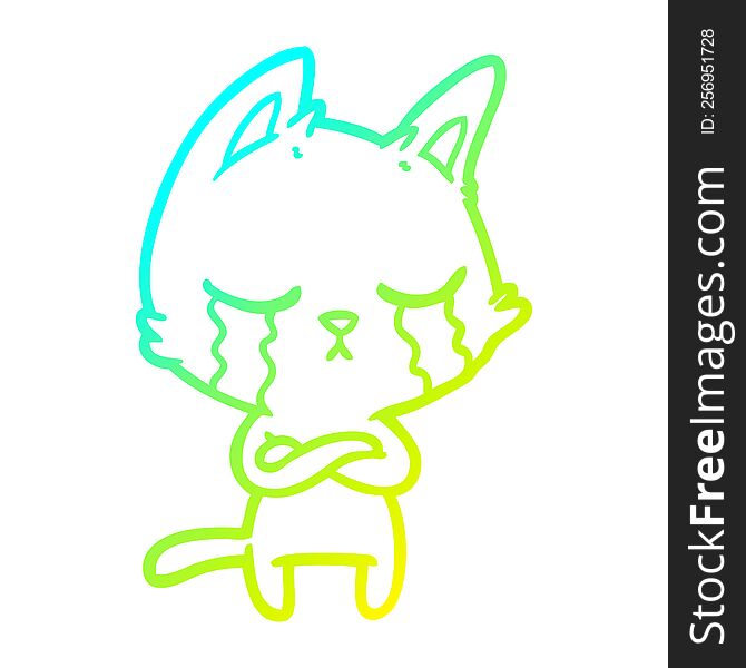 Cold Gradient Line Drawing Crying Cartoon Cat With Folded Arms