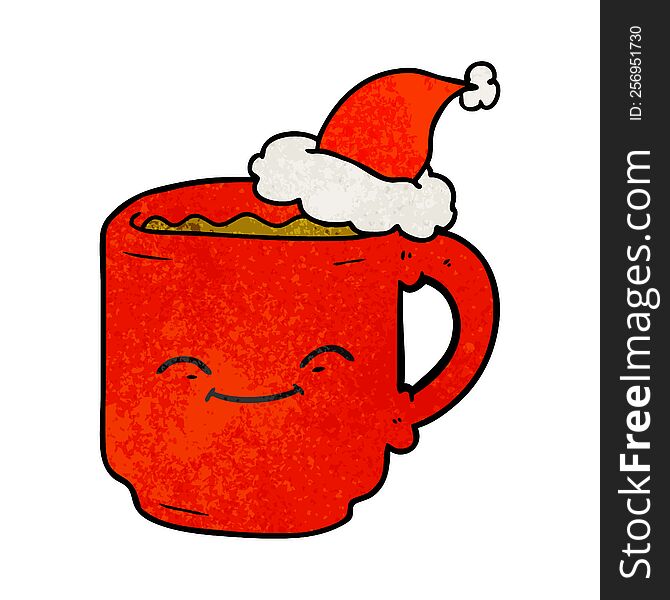 hand drawn textured cartoon of a coffee mug wearing santa hat