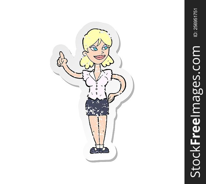 retro distressed sticker of a cartoon woman with great idea