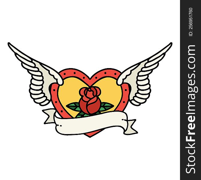 traditional tattoo of a flying heart with flowers and banner