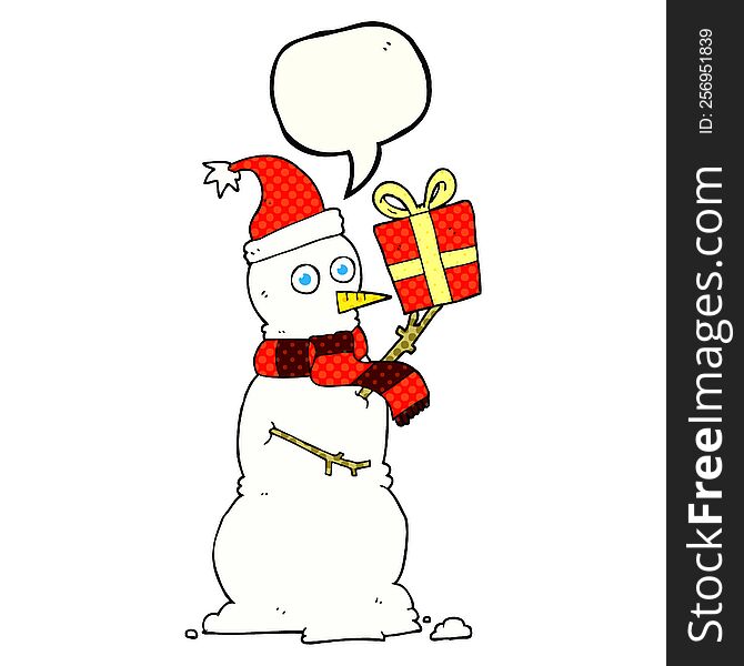 freehand drawn comic book speech bubble cartoon snowman holding present
