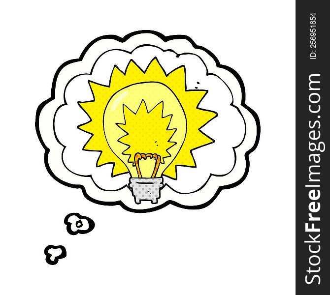 freehand drawn thought bubble cartoon light bulb shining